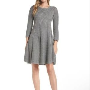 Eliza J Cable Fit & Flare Sweater Dress Crewneck Bracelet Length Sleeves in Grey
